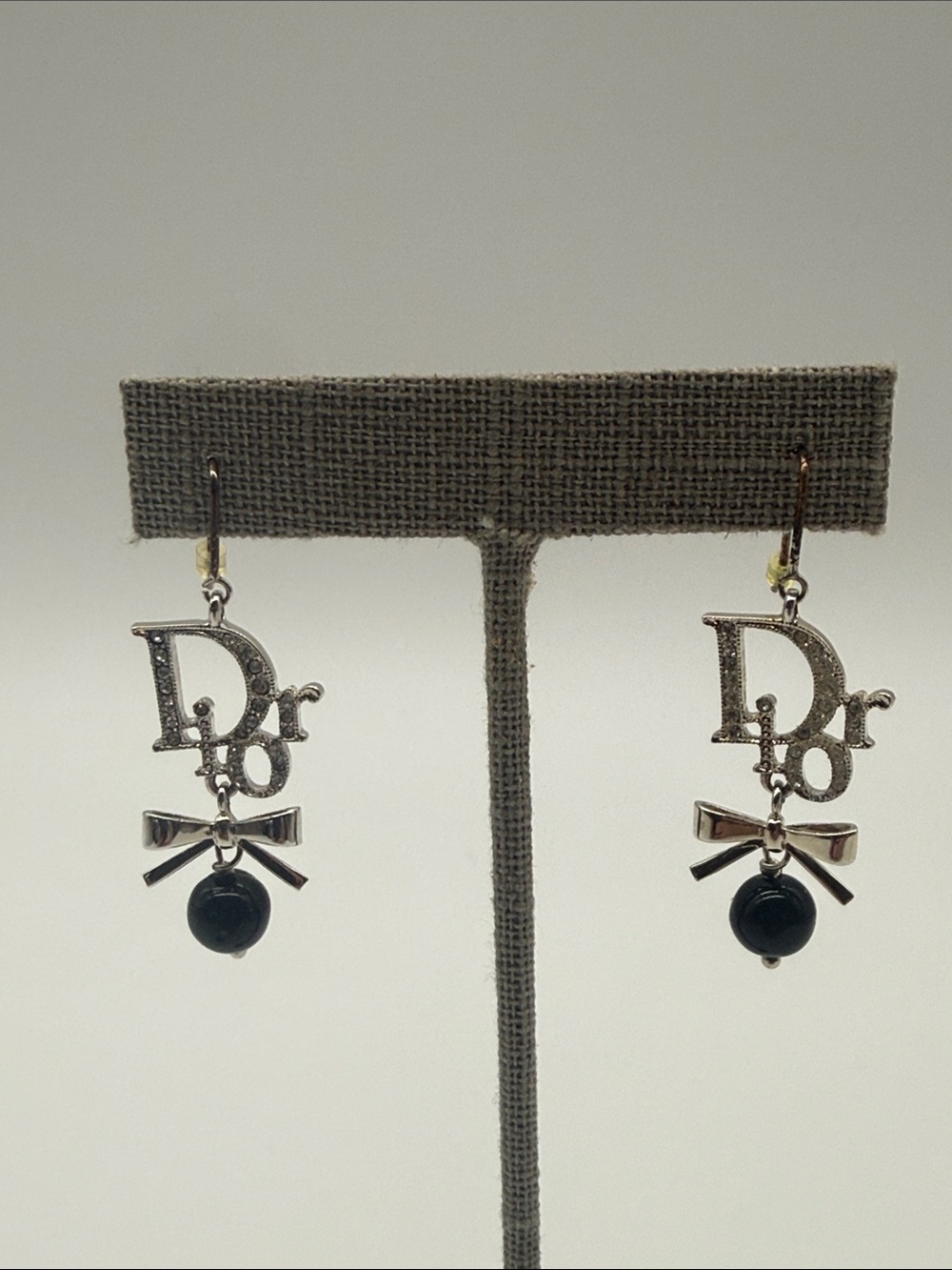 Christian Dior Logo Rhinestone Bow Pearl Drop Earrings Silver Tone Pierced 1.8"